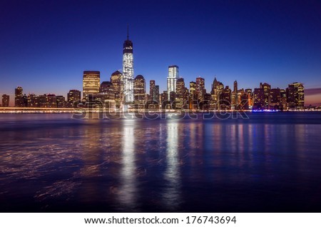 Skyline Of Lower Manhattan Of New York City From Exchange Place At Night With World Trade Center At Full Height Of 1776 Feet May 2013