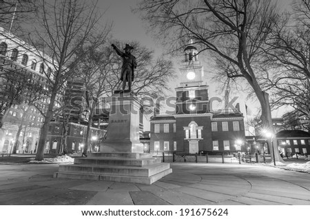 Independence Hall National Historic Park Philadelphia at twilight in black and white