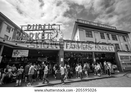 SEATTLE - JULY 5: The Public Market Center also known worldwide as Pike Place Market in Seattle, Washington on July 5, 2014.