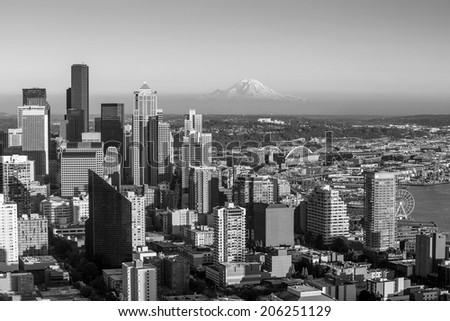 Seattle skyline panorama at sunset as seen from Space Needle Tower, Seattle, WA in black and white