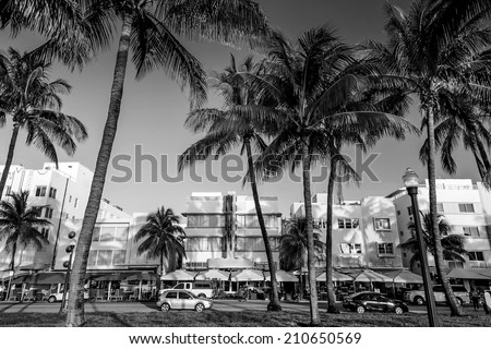 Miami Beach, Florida hotels and restaurants on Ocean Drive World famous destination for it\'s nightlife, beautiful weather and pristine beaches, black, white