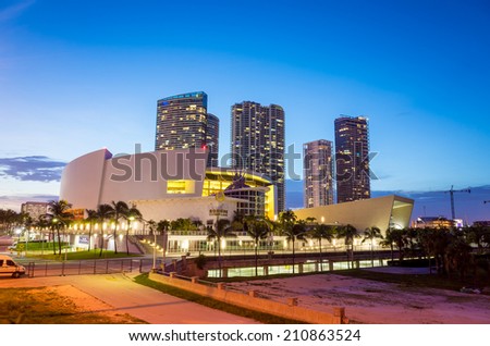 MIAMI, FL - August 7: American Airlines Arena at night on August 7, 2014 in Miami, Florida. It is home to the Miami Heat with 2105 seats and has the Florida\'s largest theater The Waterfront Theater.