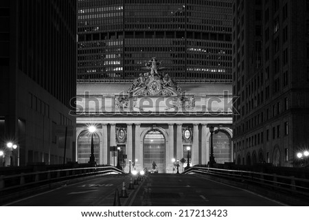 Facade of Grand Central Terminal at twilight in New York, USA in black and white