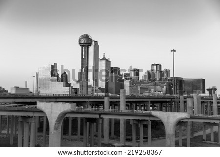Dallas City skyline at twilight, Texas in black and white