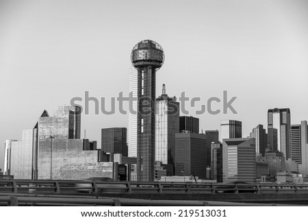 Dallas City skyline at twilight, Texas in black and white