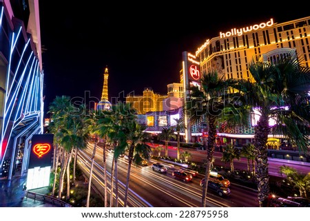 LAS VEGAS - OCT 29 : View of the strip on October 29, 2014 in Las Vegas. The Las Vegas Strip is an approximately 4.2-mile stretch of Las Vegas Boulevard in Clark County, Nevada.