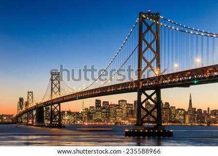 San Francisco skyline and Bay Bridge at sunset, California USA