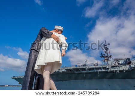 SAN DIEGO, USA - SEP 28, 2014: Unconditional Surrender sculpture at sea port on September 28, 2014 in San Diego. The statue resembles the photograph of V-J day in Times Square