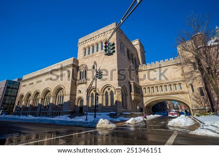 Yale university buildings in winter after snow storm Linus in New Haven, CT USA