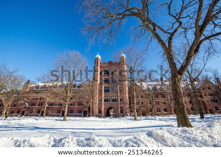 Yale university buildings in winter after snow storm Linus in New Haven, CT USA