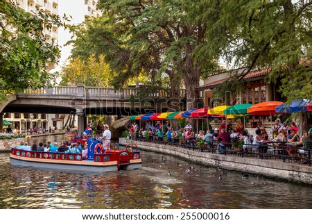 SAN ANTONIO, TEXAS, USA - SEP 28: Section of the famous Riverwalk on September 28, 2014 in San Antonio, Texas. A bustling place with many restaurants and bars.