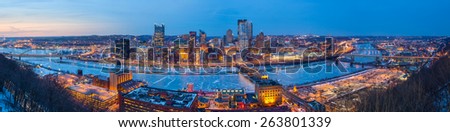 Skyline of downtown Pittsburgh at twilight panorama