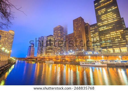 Chicago downtown and Chicago River at night.