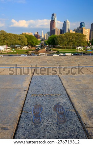 PHILADELPHIA - May 8: The Rocky Steps in Philadelphia, USA, on May 8,2015 The bronze inlay of sneaker footprints with the name \