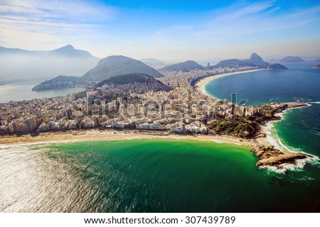 Aerial view of famous Copacabana Beach and Ipanema beach in Rio de Janeiro, Brazil