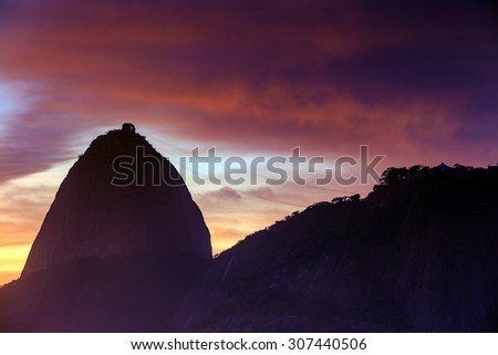 Sunrise view of  mountain Sugar Loaf in Rio de Janeiro silhouette