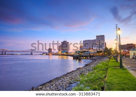 Downtown New Orleans, Louisiana and the Missisippi River at twilight