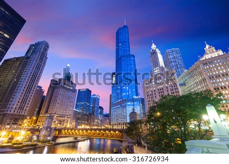 City of Chicago. Image of Chicago downtown and Chicago River with bridges at twilight  USA