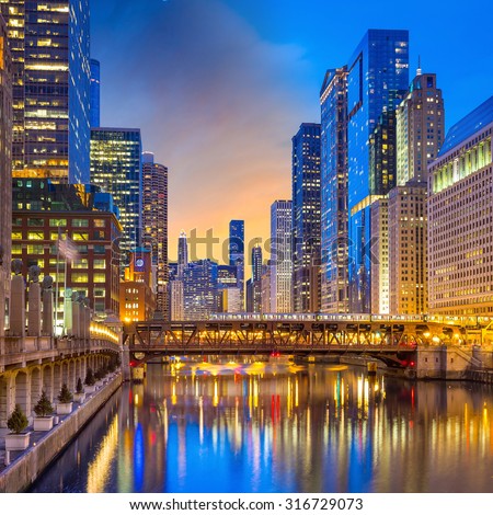 Chicago downtown and Chicago River at night  USA.