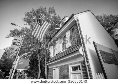 PHILADELPHIA - OCT 19: The historic Betsy Ross house tourism landmark with hanging American flag in Old City Philadelphia  on October 19, 2015.