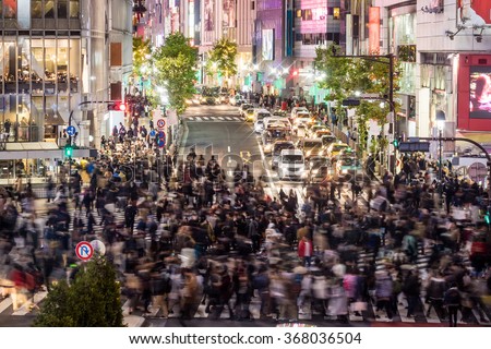 Top view view of Shibuya Crossing in Shibuya Tokyo Japan, one of the busiest crosswalks in the world.