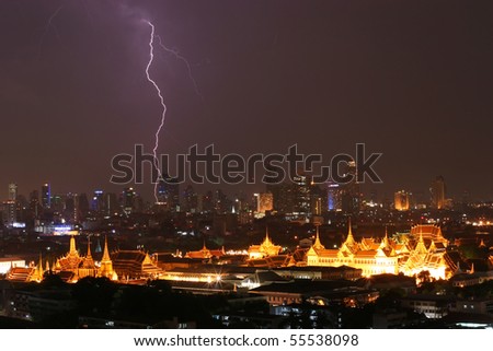 Lightning strike over Grand Palace, Bangkok, Thailand