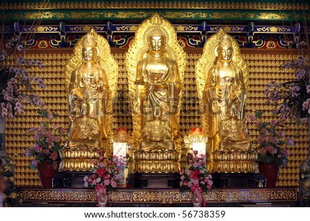 Portrait of a golden Chinese style Buddha statue Thailand