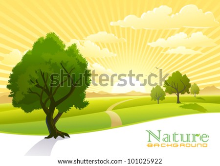 Sunrise and trees with Graphic Wave Background