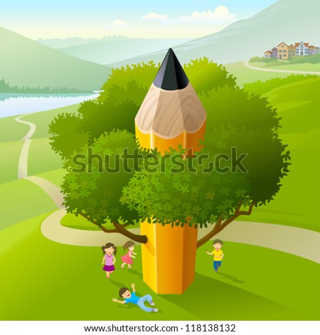 Kids Playing Under Pencil Tree Kids Playing Under Pencil Tree