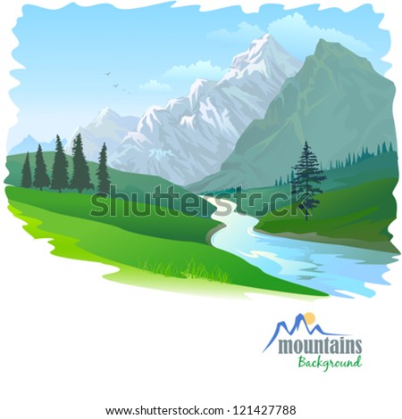 Snow Mountain and River  Flowing in a Valley