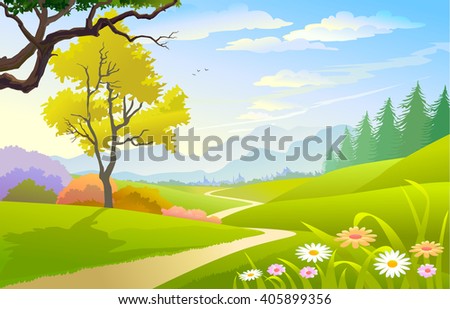 SCENIC SPRING LANDSCAPE WITH FLOWERS