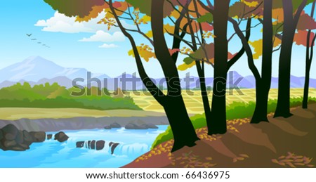 Beautiful riverside  trees and field view