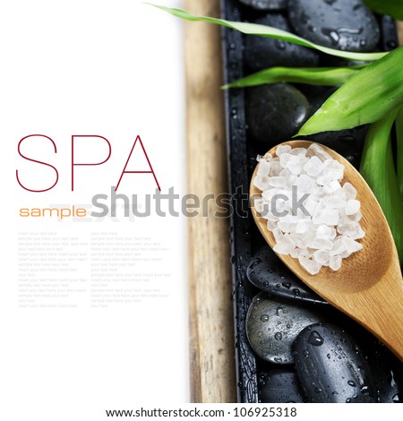 spa concept (zen stones, sea salt and bamboo) on wooden board - with sample text