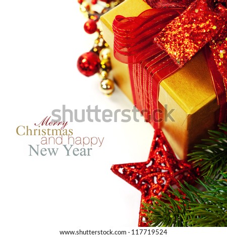 Christmas composition with gift box and decorations (with easy removable sample text)