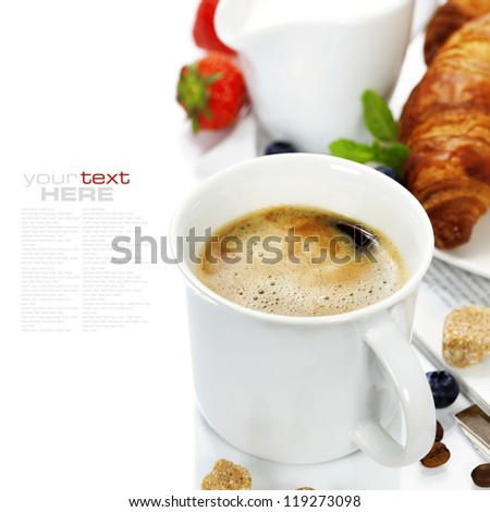 breakfast with coffee, croissant and magazine (with sample text)