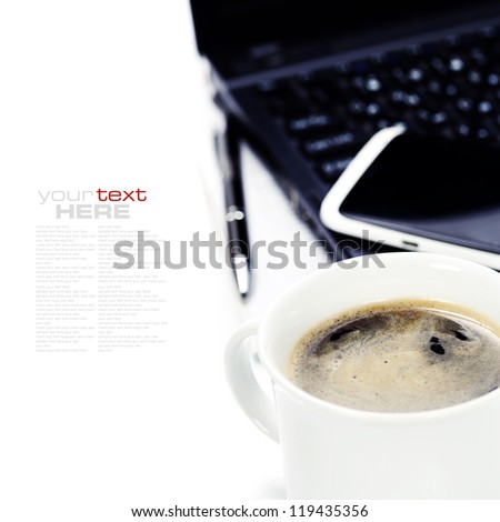 Cup of hot coffee on the desk (with sample text)