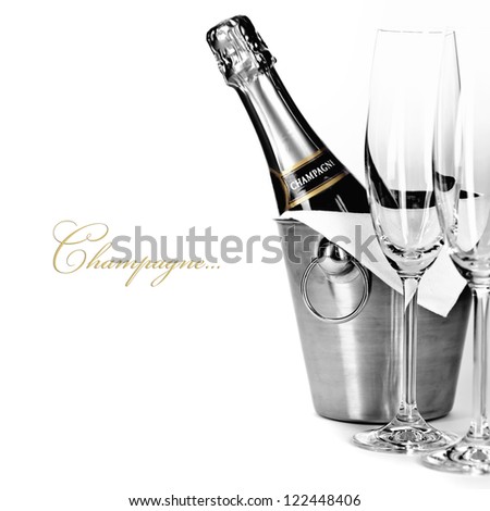 Champagne Bottle In Cooler And Two Champagne Glasses (With Easy Removable Sample Text)
