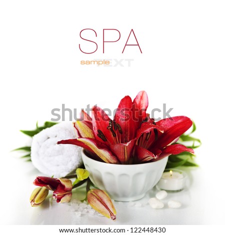 Spa concept (flowers, towel and sea salt). White background (with easy removable sample text)