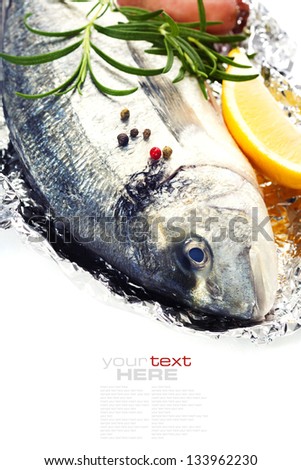 fresh dorada fish with thyme and lemon over white - food and drink border (with easy removable sample text)