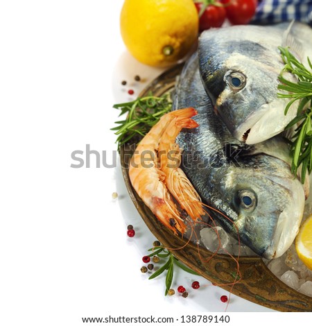 fresh seafood and vegetables on ice - food and drink border