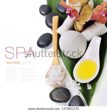 spa concept (zen stones, sea salt, orchid flower, essencial oil, Herbal massage balls and towel) over white  (with easy removable sample text)