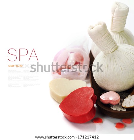 Bath and spa Valentine theme with thai herbal compress stamps, towel and bath soaps (with easy removable text)
