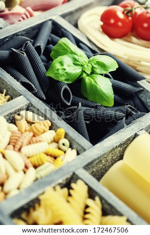 Assorted pastas in wooden box