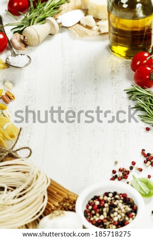 italian pasta with vegetables, herbs, spices, cheese and olive oil