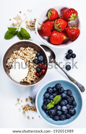 Healthy breakfast - yogurt with muesli and berries - health and diet concept
