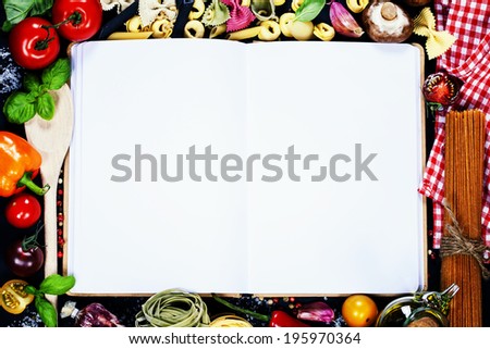 Fresh Organic Vegetables and Spices on a Wooden Background and Paper for Notes. Open Notebook and Fresh Vegetables Background. Italian ingredients