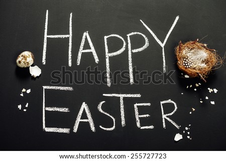 Easter greetings on a blackboard with eggs and nest