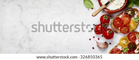 Tomato and basil sandwiches with ingredients - Italian, Vegetarian or Healthy food concept