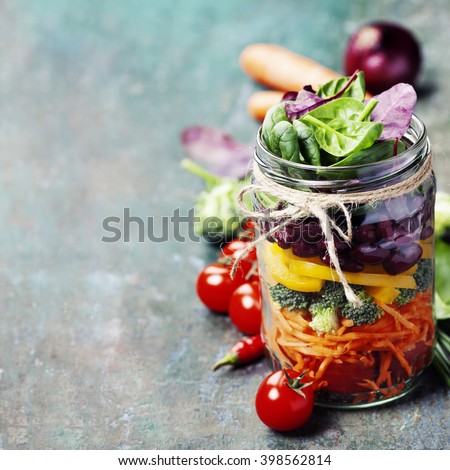 Healthy Homemade Mason Jar Salad with Beans and Veggies - Healthy food, Diet, Detox, Clean Eating or Vegetarian concept