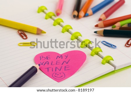 stock photo : heart shaped note paper, pencils and writing-book